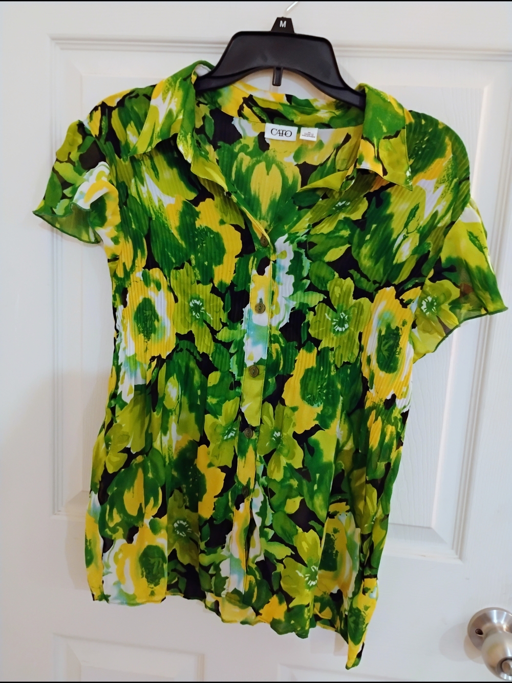 Cato Green Yellow Floral Short-Sleeve Button-Front Blouse